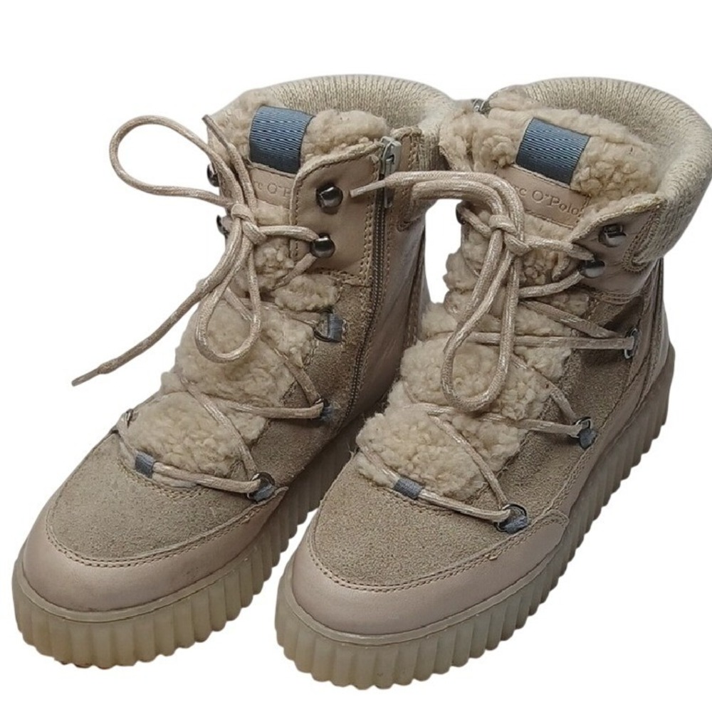 Marc O'Polo Winter Boots Women 38 Beige Leather Suede Faux Shearling Lug Sole